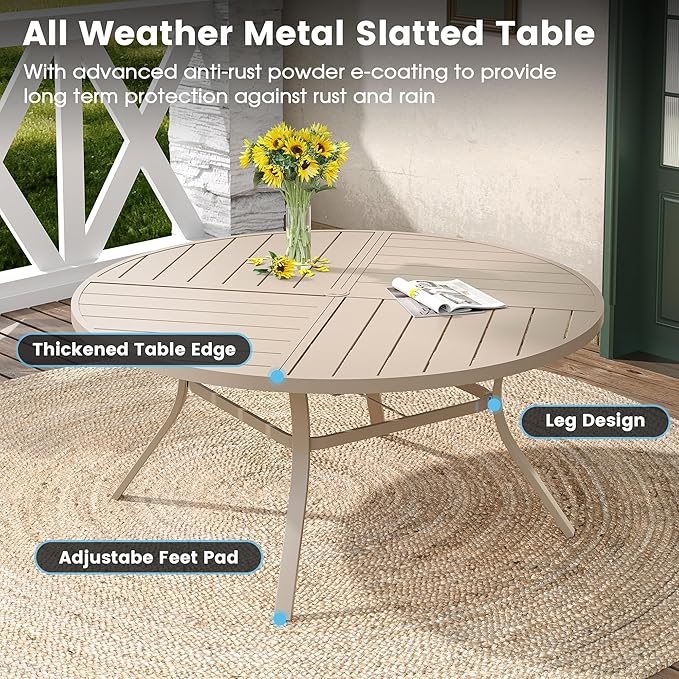 DIFY 9 Pieces Outdoor Patio Dining Set, 8 Sandshell Textilene Swivel Dining Chairs and 59.8" Sandshell Round Metal Dining Table, Outdoor Table and Chairs