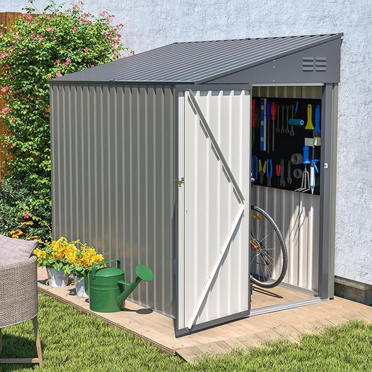 4x7 FT Lean to Shed with Single Lockable Side Door, Outdoor Metal Storage Shed, Sloping Roof Galvanized Utility Steel Tool Shed for Garden, Patio, Lawn & Backyard
