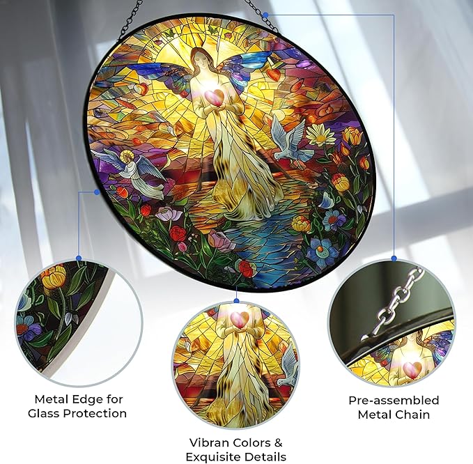 Jesus Christ Holy Spirit Stained Glass Suncatcher Four Season Theme Colorful Leaves Window Wall Hanging Ornament Hand-Painted Glass Panel Decor Gift for Women Christmas Thanksgiving Gift
