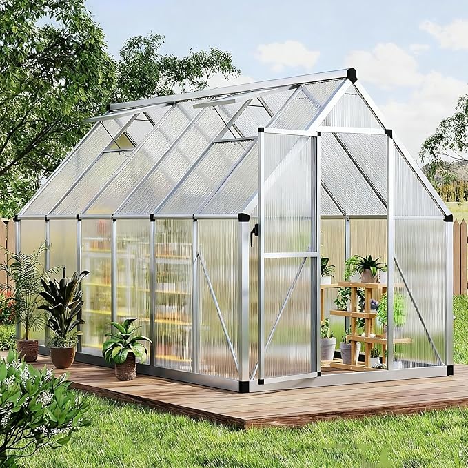 GAOMON 6x11 FT Outdoor Greenhouse with Roof Vent, Heavy Duty Aluminum Polycarbonate Greenhouses, Easy Assembly, Lockable Door, Large Walk-in Greenhouse for Patio, Backyard, Garden