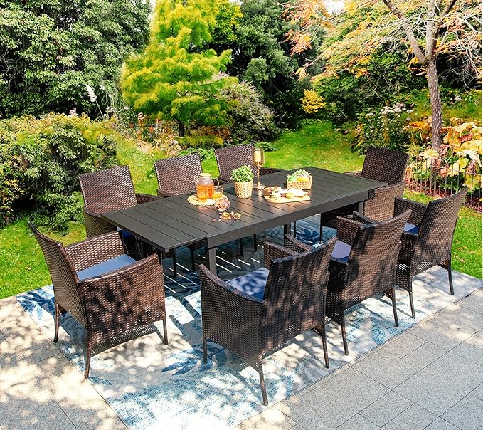 PHI VILLA 9 Piece Outdoor Dining Table Set for 8, Expandable Rectangular Metal Dining Table and Cushioned Rattan Chairs Furniture for Patio, Deck, Porch, Backyard