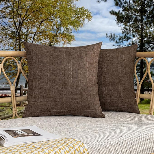 Kevin Textile Pack of 2 Outdoor Waterproof Throw Pillow Covers Decorative Farmhouse Checkered Square Solid Cushion Cases for Patio Garden Porch Sofa Brown 18x18 inch