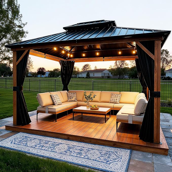 PURPLE LEAF 10' X 12' Hardtop Gazebo Outdoor Wood Grain Aluminum Frame Galvanized Steel Double Roof Gazebos with String Lights for Patio Deck Backyard Garden