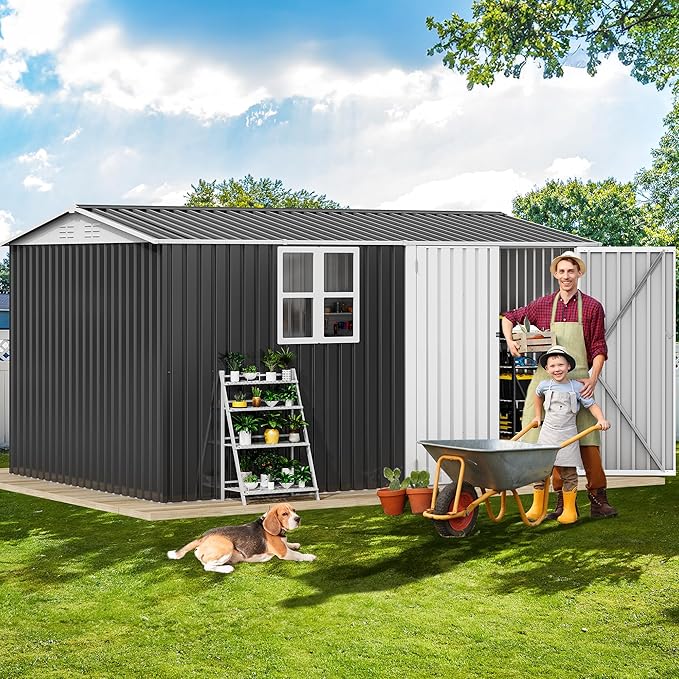 DWVO 12x8ft Metal Outdoor Storage Shed with Window, Lockable Tool Storage Sheds, Oversized Steel Garden Sheds with Sloped Roof for Backyard, Patio, Garage, Lawn, Gray & White