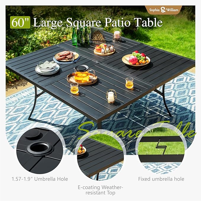 Sophia & William Patio Dining Set for 8, Lightweight Aluminum Outdoor Dining Chairs and Large Square Metal Table, Stackable Chairs and Easy to Move for Lawn Garden Yard (Grey)