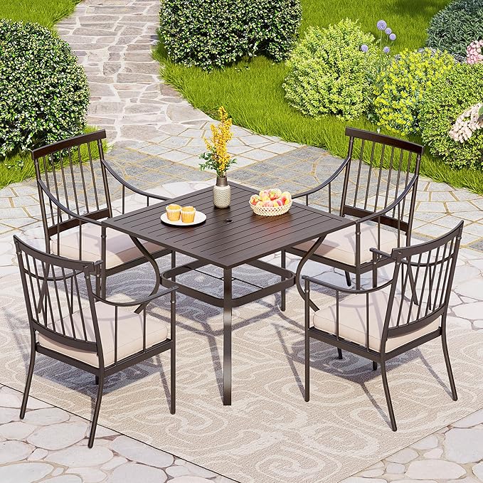PHI VILLA 5 Piece Outdoor Dining Set with Cushion, 37” Square Metal Dining Table with Umbrella Hole & 4 Cushioned Steel Chairs for Patio, Deck, Yard