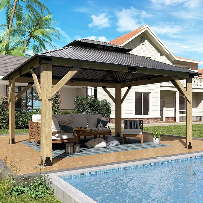 13'x15' Wood Gazebo,Outdoor Hardtop Gazebo with Galvanized Steel Doule Roof, Wooden Frame Gazebos for Patio Backyard Deck