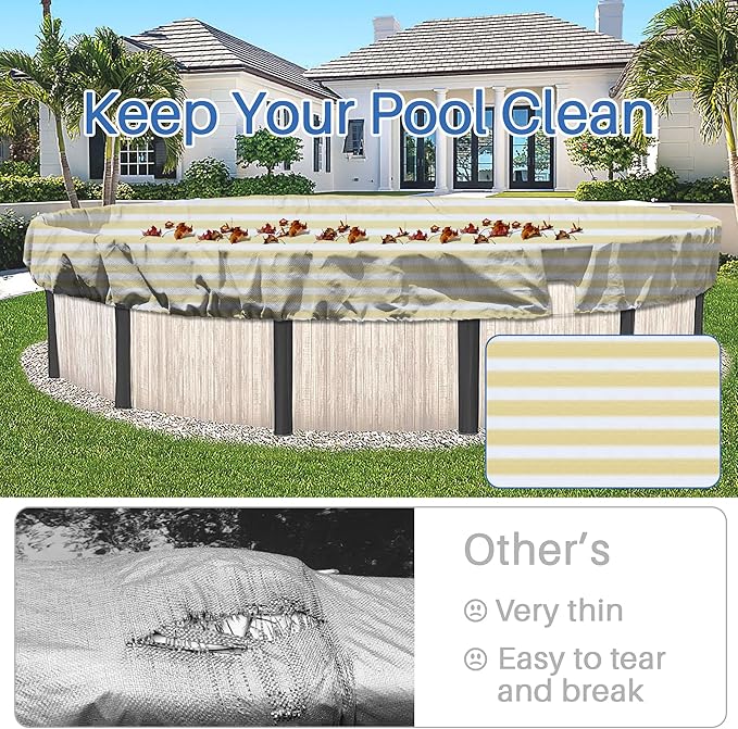 ECOOPTS 15 ft Round Pool Cover for Above Ground Pools, Swimming Pool Cover Protector Winter Safety Cover (Beige White Stripes)