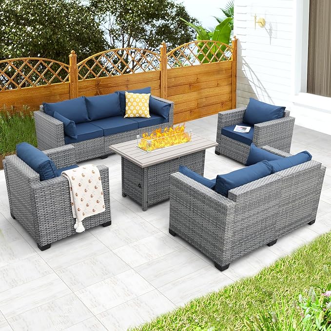 5 Piece Wicker Patio Furniture Sets Outdoor Conversation Set, PE Rattan Sectional Sofa Couch with 45" Fire Pit Table and Non-Slip Navy Blue Cushions, Furniture Covers Included