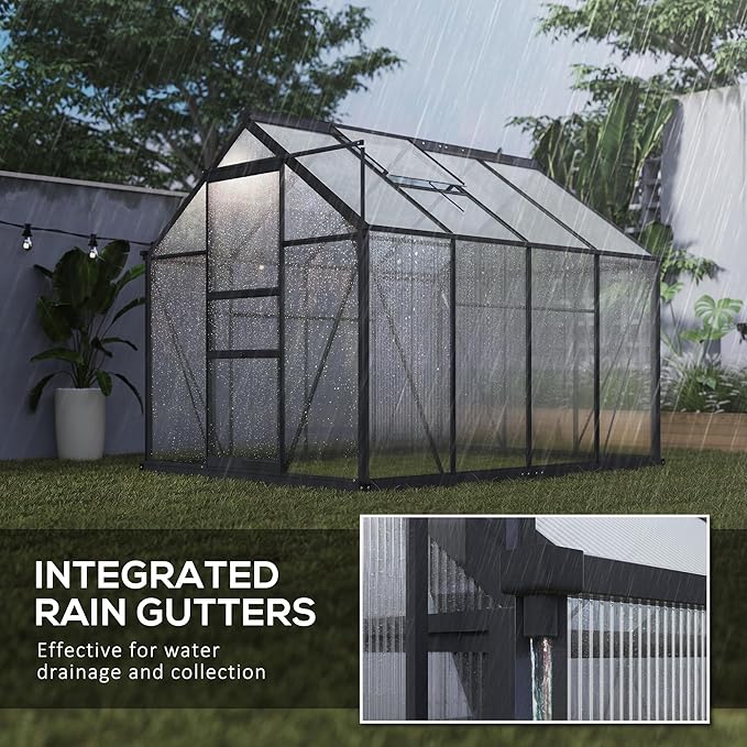 Outsunny 6' x 8' Greenhouse for Outdoors, Polycarbonate Greenhouse with Rain Gutter and Roof Vent, Aluminum Walk-in Green Houses for Outside for Patio Backyard Garden, Gray