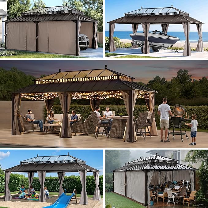 SUNJOY Kingston 20' x 12' Hardtop Gazebo with Galvanized Steel/Polycarbonate Double Roof, Curtain and Netting, Brown Aluminum Posts Permanent Pavilion Gazebo for Garden, Patio, Deck, Lawn