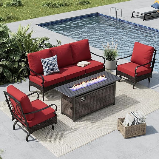 MFSTUDIO 4 Pieces Outdoor Patio Furniture Set, Metal Outdoor Conversation Set, Rattan Wicker Patio Sectional Set with 2 x Rocking Single Sofa, 3-Seat Sofa, 1 x Fire Pit Table, Red