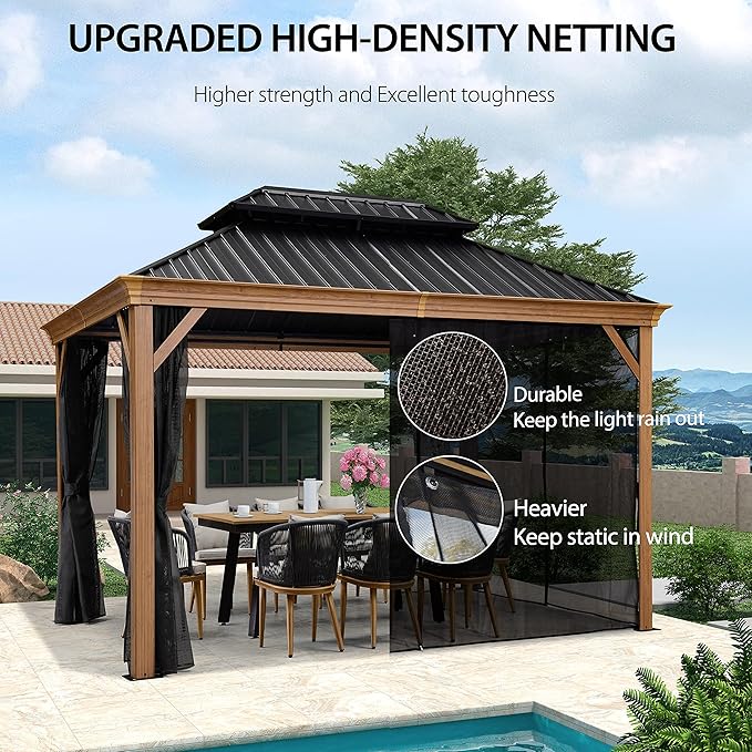 PURPLE LEAF 10' X 12' Outdoor Hardtop Gazebo for Patio Galvanized Steel Double Roof Permanent Canopy Teak Finish Coated Aluminum Frame Pavilion Gazebo with Netting