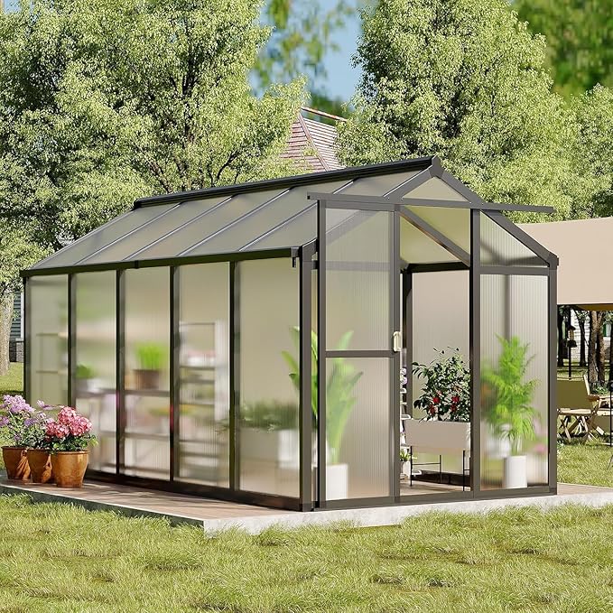 Greenhouse, 6x10 Ft Outdoor Greenhouses, Accessible Green House with Roof Vents and Sliding Doors, Aluminum Frame Polycarbonate Greenhouses, Large Greenhouse for Outdoor Gardens and Backyards, Black