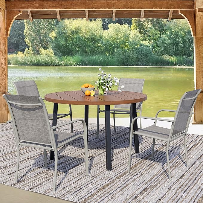 5 Pieces Round Dining Table Set for 4, Patio Dining Set Includes 4 Grey Stackable Patio Chairs and 1 Walnut Round Table, Patio Furniture Sets with Sling Support for Outside, Garden