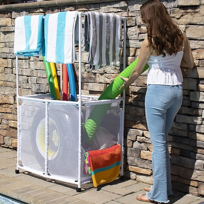 Essentially Yours Pool Equipment Holder with Towel Drying Bars, Mesh Rolling Pool Storage Organizer Bin, Extra Large with Towel Hanger, (34.5" W x 25" L x 62.6" H), White Style 418566