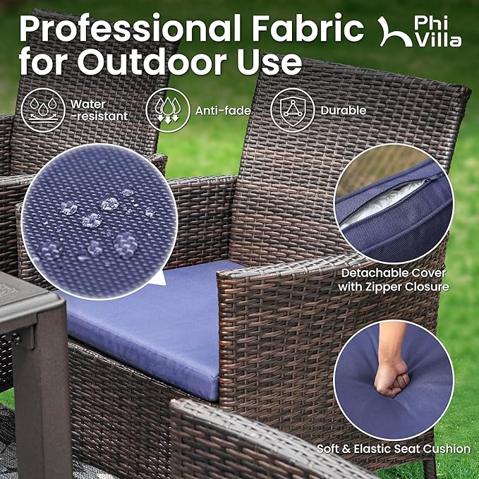 PHI VILLA 7 Pieces Outdoor Expandable Cast Aluminum Dining Set for 6, Extendable Metal Table with Umbrella Hole & Cushioned Wicker Chairs, Dining Furniture Set for Patio, Deck, Yard and Porch