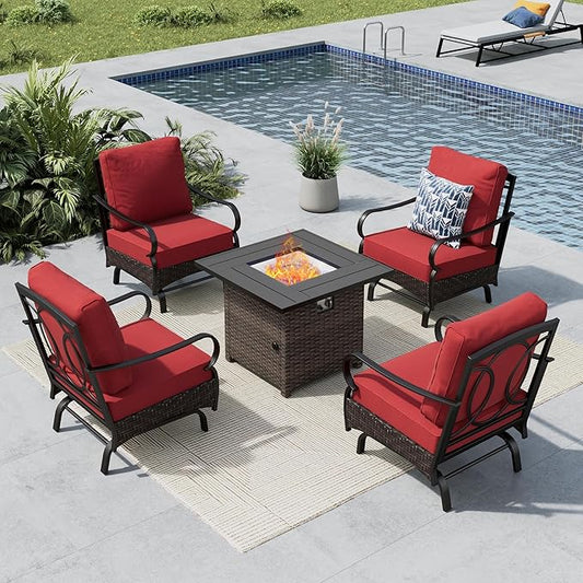 MFSTUDIO 5 Pieces Outdoor Patio Furniture Set, Metal Outdoor Conversation Sofa, Rattan Wicker Patio Sectional Sofa Set with 4 x Rocking Single Sofa, 1 x Fire Pit Table, Red