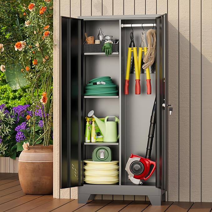61" Outdoor Storage Cabinet, Heavy-Duty Metal Lockable Storage Shed with Ventilated Doors & Pegboard Hooks, Tool Cabinet for Garage, Garden & Patio, Easy Assembly