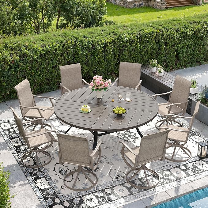 DIFY 9 Pieces Outdoor Patio Dining Set, 8 Sandshell Textilene Swivel Dining Chairs and 59.8" Grey Wood-Like Round Metal Dining Table, Outdoor Table and Chairs
