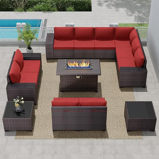 Outdoor Patio Furniture Set with Propane Fire Pit Table, 13 Pieces Outdoor Furniture Patio Sectional Sofa Conversation Sets w/ETL Approved 43" Gas Outdoor Fire Table & Coffee Table Red.