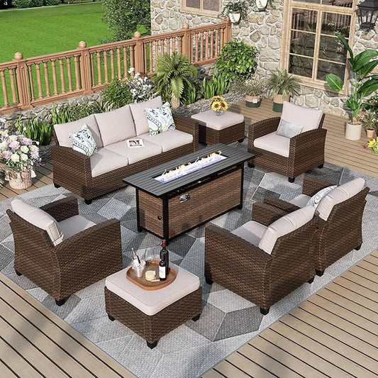 Patio Furniture Set, 8 Pcs Wicker Rattan Outdoor Conversation Set, 4 x Leg Chairs, 1 x 3 Seater Sofa and 2 x Ottoman with 4" Thick Cushion and 56" Fire Pit Table, Beige