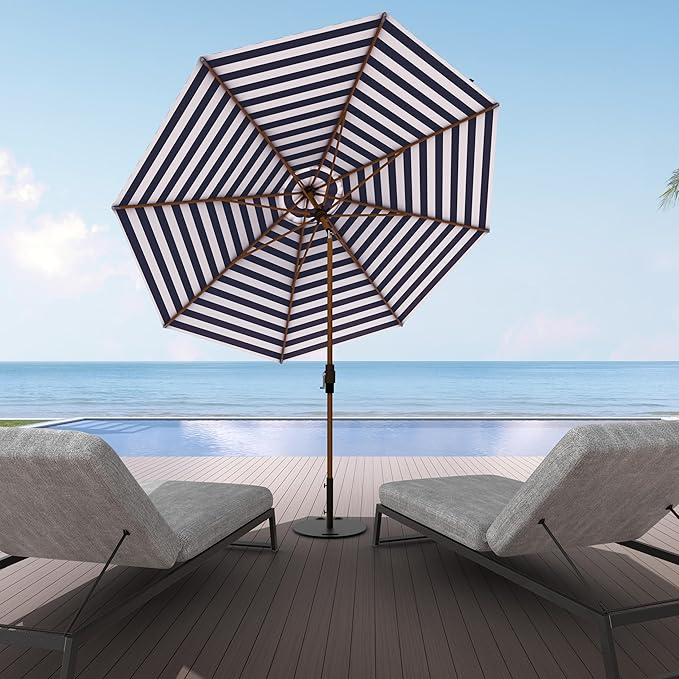 Midtown Umbrellas Wooden 2-9 Feet Outdoor Patio Umbrella, Terylast Navy & White Stripes Fabric, Aluminum Frame For Backyard Umbrella, Deck Umbrella, Garden Umbrella & Pool Umbrella - Wooden Pole
