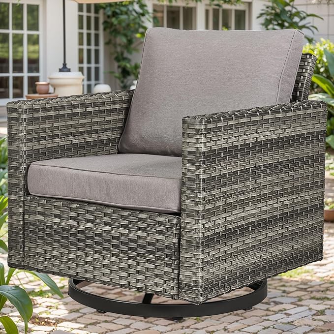 Outdoor Patio Swivel Rocker Chairs - Single Wicker Patio Swivel Rocking Chair with Waterproof Wicker,Comfortable Cushions and Sturdy Metal Frame for Outside Porch Deck Backyard(Mixed Grey/Grey/1PC)