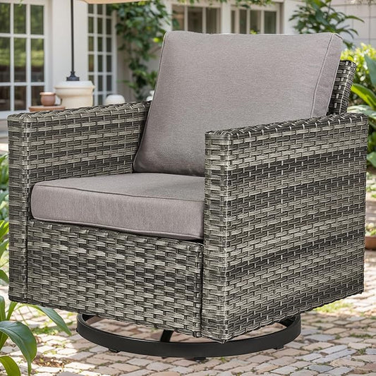 Outdoor Patio Swivel Rocker Chairs - Single Wicker Patio Swivel Rocking Chair with Waterproof Wicker,Comfortable Cushions and Sturdy Metal Frame for Outside Porch Deck Backyard(Mixed Grey/Grey/1PC)