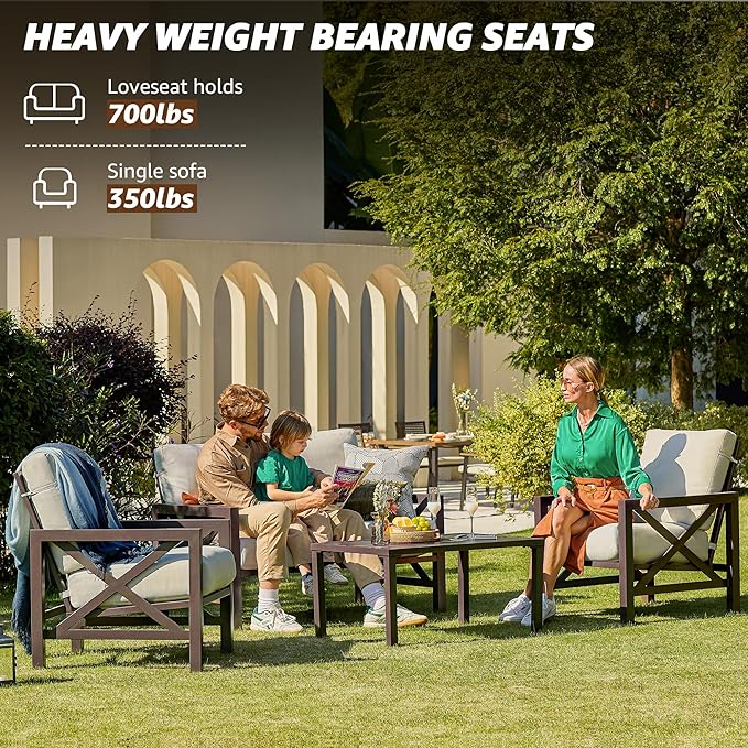 NATURAL EXPRESSIONS 4 Pieces Patio Furniture Sets,Outdoor Sectional Metal Furniture Conversation Set with Loveseat Chair,2 Single Chairs 1 Metal Table,6.5" Beige Cushions for Yard,Garden