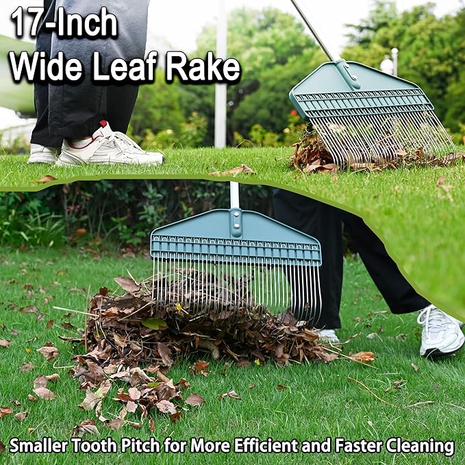 Thatch Rake 66-Inch Adjustable Handle Dethatcher Rake,17-Inch Wide Leaf Rakes, Suitable for Gardens, Yards, Lawns, Used for Cleaning Dead Grass, Thatch, Leaves, Pine Needles, Branches