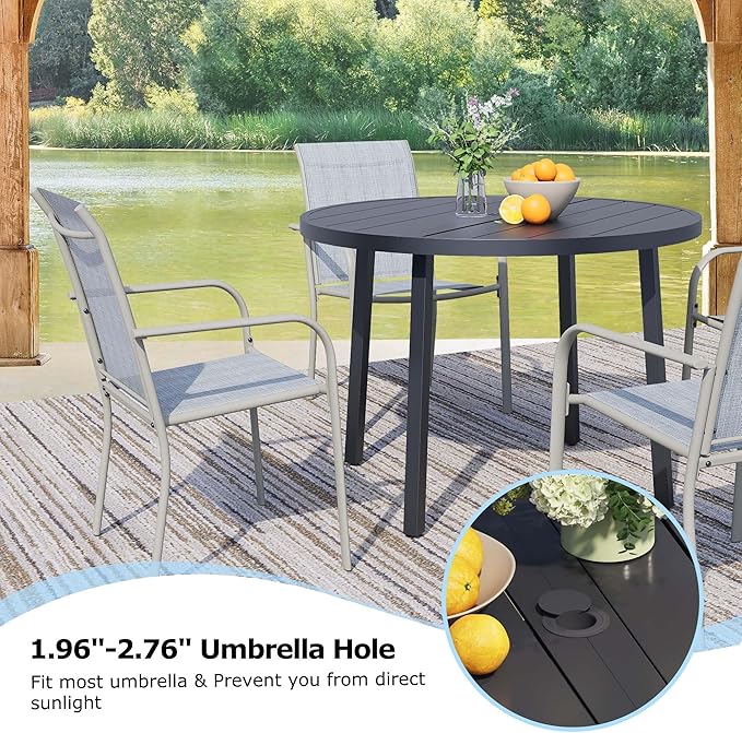 7 Pieces Round Dining Table Set for 6, Patio Dining Set Includes 6 Beige Blue Stackable Patio Chairs and 1 Black Round Table Set of 6, Patio Furniture Sets with Sling Support for Outside, Garden