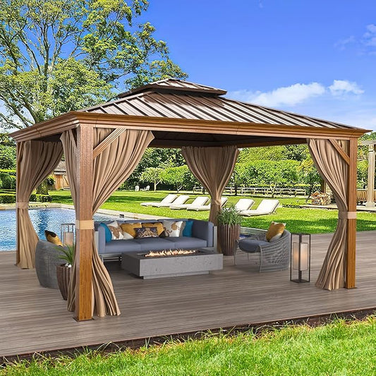 MELLCOM 12'x12' Hardtop Gazebo, Wooden Finish Coated Aluminum Frame Canopy with Galvanized Steel Roof, Outdoor Metal Gazebos with Curtains and Nettings for Patio, Backyard, Deck and Lawns