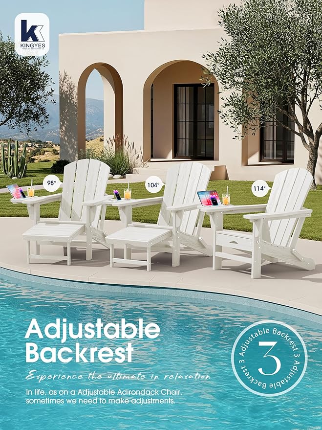 KINGYES Adjustable Folding Adirondack Chair with Footrest & 4-in-1 Multi-Functional Armrest Organizer Set of 2, HDPE Foldable Reclining Adirondack Chair with Pull-Out Ottoman, White