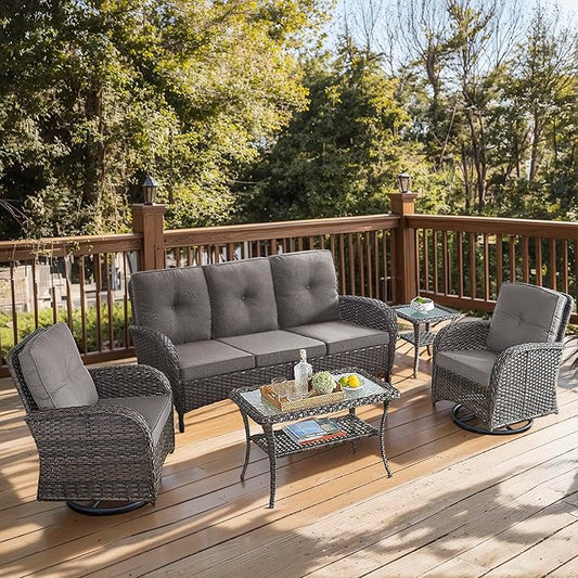5 Piece Patio Furniture Set - Wicker Patio Conversation Set with Swivel Glider, 3 Seat Sofa, Tempered Glass Side Table and Coffee Table for Deck Backyard - Brown Wicker Grey Cushion