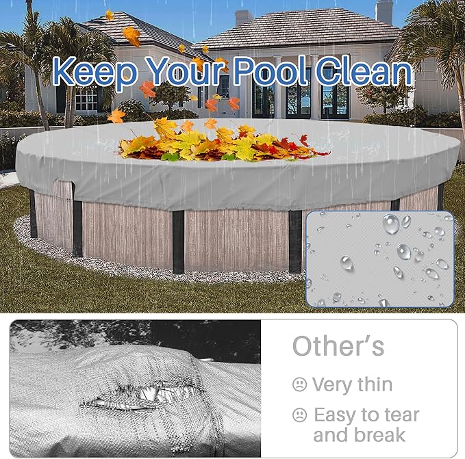 ECOOPTS 8 ft Waterproof Round Polyester Pool Cover for Above Ground Pools, Swimming Pool Cover Protector Winter Safety Cover (Light Grey)