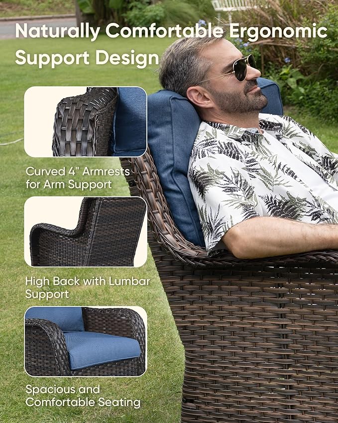 HUMMUH Patio Furniture Set with Fire Pit Table 5-Piece Wicker Outdoor Swivel Rocker Patio Chairs High Back Outdoor Couch Conversation Set for Porch, Backyard, Deck