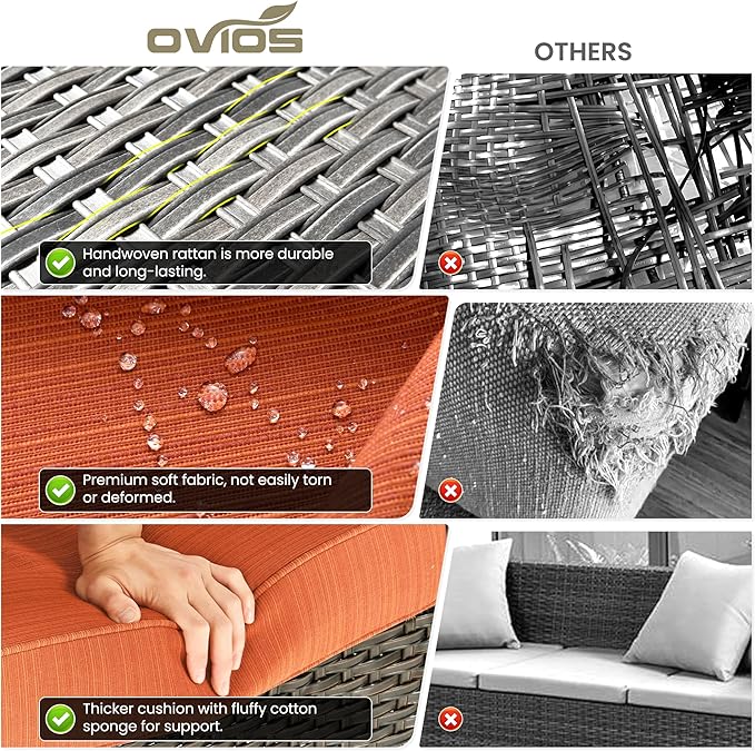 ovios 9 Pieces Patio Furniture Set, Outdoor Wicker Sofa Couch with Swivel Chairs Ottomans Comfy Cushions, High Back All Weather Modern Conversation Sets, Brown Rattan, Orange Red