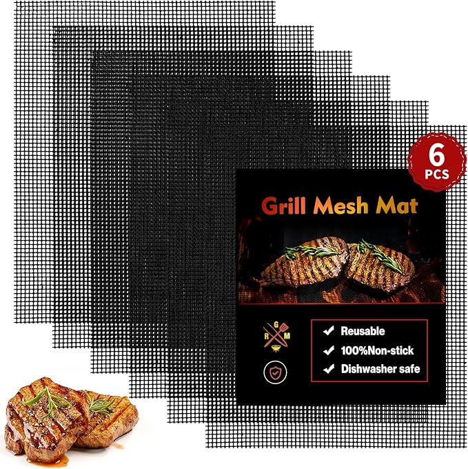 Grill Mesh Mat Set of 6, Non Stick BBQ Grill mats, Heavy Duty Grilling mats Barbecue Grill Accessories, Reusable and Easy to Clean, Works on Gas, Charcoal, Pellet Grill and More, 15.75 x 13inch, Black