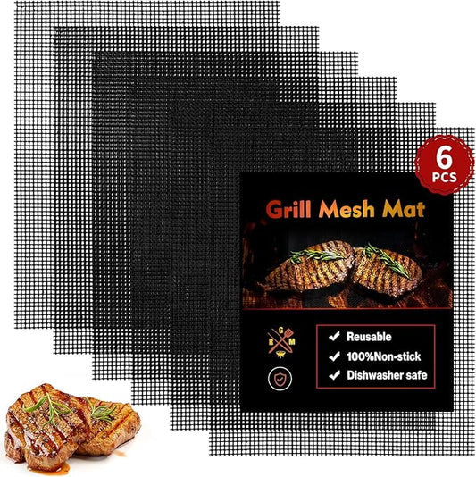 Grill Mesh Mat Set of 6, Non Stick BBQ Grill mats, Heavy Duty Grilling mats Barbecue Grill Accessories, Reusable and Easy to Clean, Works on Gas, Charcoal, Pellet Grill and More, 15.75 x 13inch, Black