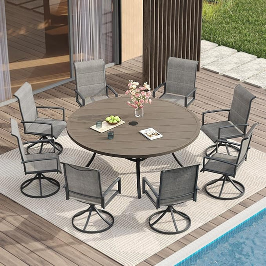 VICLLAX Outdoor Dining Set for 8, Outdoor Furniture Includes 60" Round Patio Table and Swivel Padded Chairs, Grey Wood Grain Tabletop and Grey Fabric