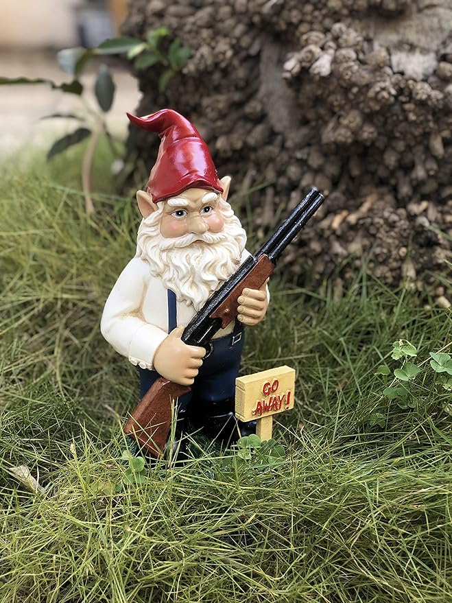 Gnome with Rifle Garden Statue, Go Away Lawn Gnome, Funny Angry Garden Decoration - 10.5 Inches