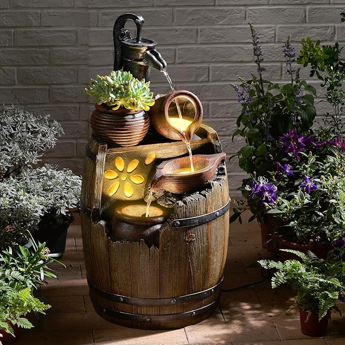 Water Fountain Outdoor Rustic Barrel,4 Tiered Wood Barrel Cascading Water Fall Fountains Outside Feature with LED Lights for Garden, Patio, Porch, Backyard Decor 14.6" L x 14.6" W x 29" H