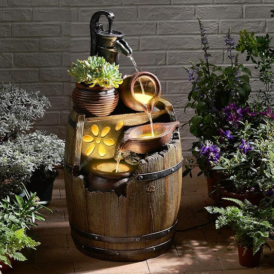 Water Fountain Outdoor Rustic Barrel,4 Tiered Wood Barrel Cascading Water Fall Fountains Outside Feature with LED Lights for Garden, Patio, Porch, Backyard Decor 14.6" L x 14.6" W x 29" H