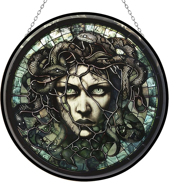 Medusa Stained Glass Window Hanging Window Suncatcher 12" Glass Panel with Metal Chain and Hooks Sun Catchers Indoor Wall Art Home Decor Gift for Women Mother's Day