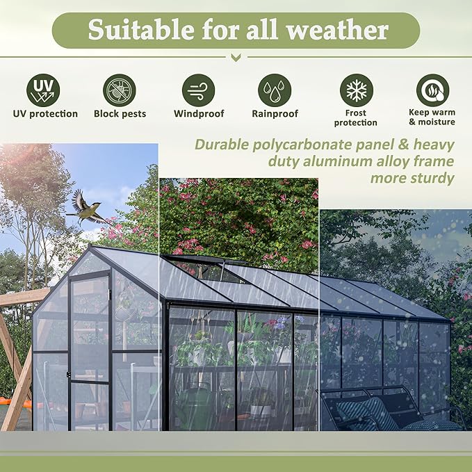 Favfurish 6x12 FT Greenhouses for Outdoors,Heavy Duty Polycarbonate Greenhouse,Lockable Walk-in Green House Sunroom w/ Roof Vent,Aluminum Hot House for Garden Plants Backyard Patio,Black