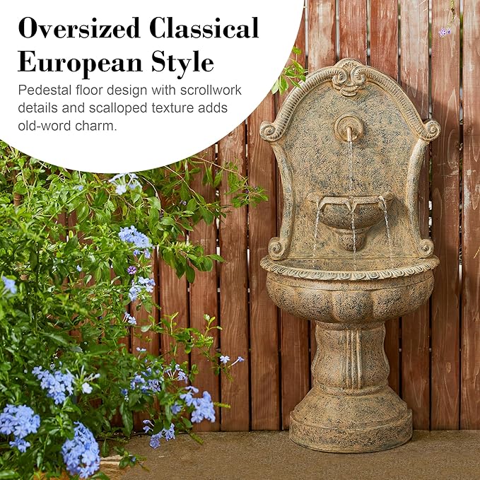 Glitzhome Outdoor Wall Mounted Water Fountain with LED Light and Pump, Antique European Style Multi-Tiered Faux Granite Sculptural Pedestal Outdoor Fountain for Porch Deck Patio Backyard, 49.25" H