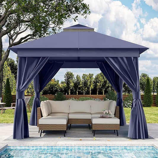 Outdoor Patio Gazebo 8FT, Heavy Duty Party Tent & Shelter with 2-Tier Roof and Expansion Bolts, Mosquito Nettings and Privacy Screens for Backyard, Garden, Poolside, Navy Blue