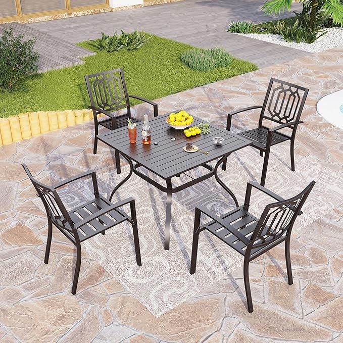 PHI VILLA 5-Piece Metal Patio Outdoor Table and Chairs Outdoor Dining Set - 37" Square Patio Table w/1.57" Umbrella Hole and 4 Backyard Garden Stackable Dining Chairs, Black