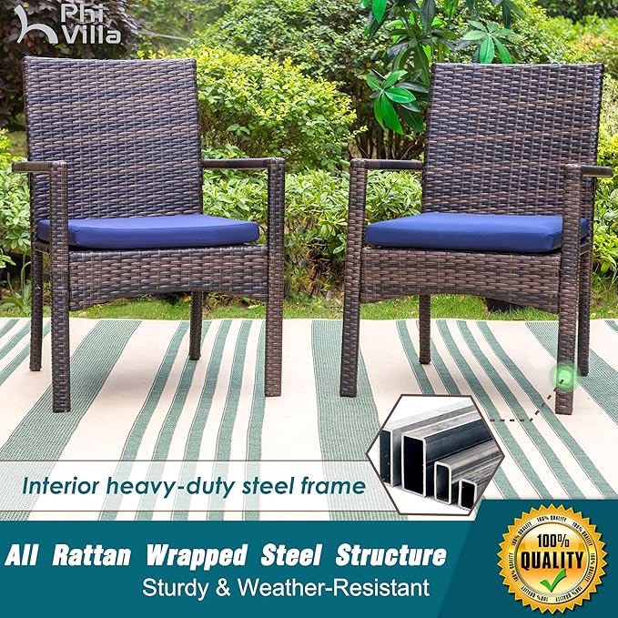 PHI VILLA 5 Piece Patio Dining Table Set for 4, 37" Square Outdoor Metal Table with Umbrella Hole & 4 Rattan Wicker Chair with Cushion for Deck, Yard, Porch